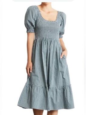 Hill House Green Gingham Puff-Sleeve Midi Dress